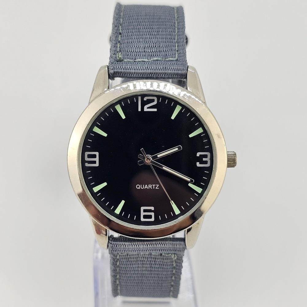 Men's Analog Watch 37MM Black Dial NEW‎ Gray Canvas Bands NEW Battery